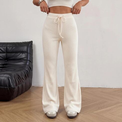 Women's High Waisted Ribbed Pants Drawstring Waist Flared Straight Leg for Work Travel Summer Casual Loungewear in Kuwait