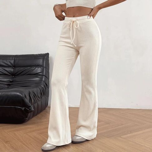 Women's High Waisted Ribbed Pants Drawstring Waist Flared Straight Leg for Work Travel Summer Casual Loungewear in Kuwait