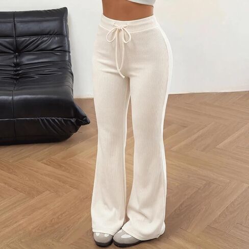 Women's High Waisted Ribbed Pants Drawstring Waist Flared Straight Leg for Work Travel Summer Casual Loungewear in Kuwait