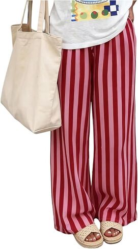 GORGLITTER Women's Striped Wide Leg Pants Baggy Drawstring Elastic Waist Summer Vacation Resort Wear 2026 Trousers in Kuwait