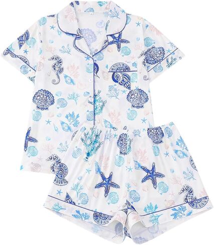 Women's 2 Piece Seashell Pajama Set Summer Beach Sets Sleepwear Short Sleeve Loungewear Button Down Lounge Pj Sets in Saudi Arabia