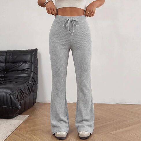 Women's High Waisted Ribbed Pants Drawstring Waist Flared Straight Leg for Work Travel Summer Casual Loungewear in Kuwait
