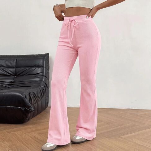 Women's High Waisted Ribbed Pants Drawstring Waist Flared Straight Leg for Work Travel Summer Casual Loungewear in Kuwait