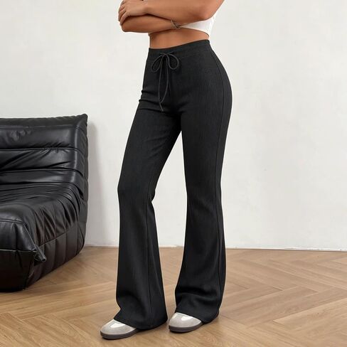 Women's High Waisted Ribbed Pants Drawstring Waist Flared Straight Leg for Work Travel Summer Casual Loungewear in Kuwait