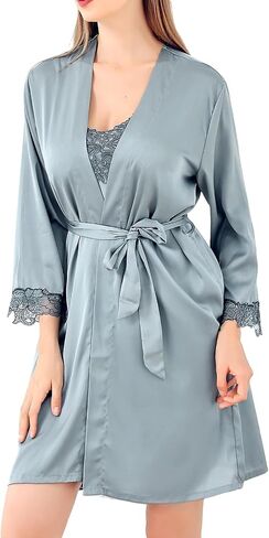 5 Piece Women Satin Silky Pajama Set With Robe, Soft Short Sleeve Top Pants Cami and Robe, All Season Sleepwear in Kuwait