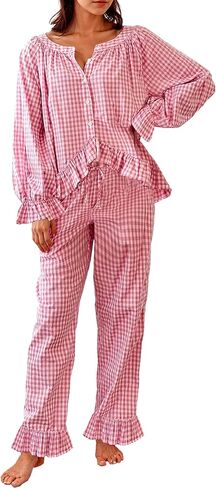 Womens Gingham 2 Piece Pajama Set Cute Cotton Puff Long Sleeve Babydoll Shirt and Ruffle Plaid Pant Pj Lounge Set in Saudi Arabia