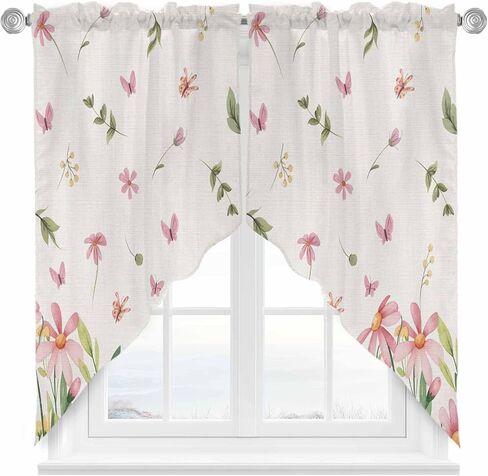 Pink Spring Floral Swag Curtains Valance For Kitchen Windows, Pastoral Flowers Farmhouse Rustic Wide Rod Pocket Curtain Drapes, Bathroom Cafe Living Room Light Filtering Drapery Panels, 72"W x 63"H in Saudi Arabia