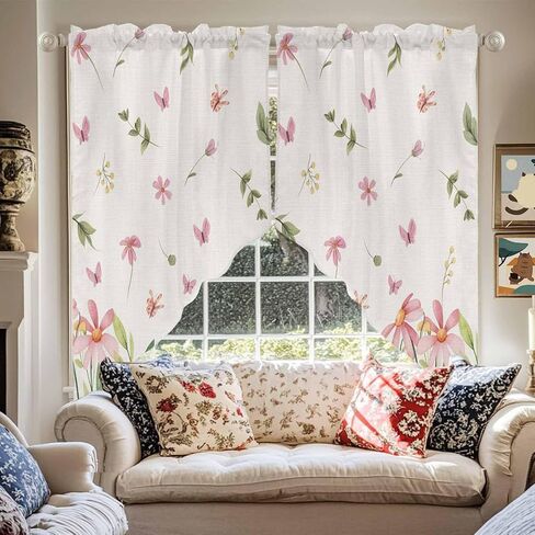 Pink Spring Floral Swag Curtains Valance For Kitchen Windows, Pastoral Flowers Farmhouse Rustic Wide Rod Pocket Curtain Drapes, Bathroom Cafe Living Room Light Filtering Drapery Panels, 72"W x 63"H in Saudi Arabia