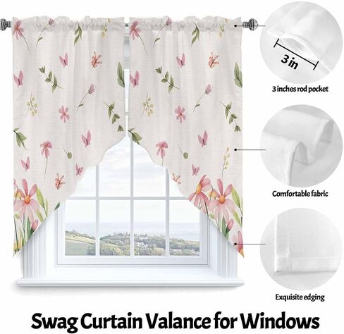 Pink Spring Floral Swag Curtains Valance For Kitchen Windows, Pastoral Flowers Farmhouse Rustic Wide Rod Pocket Curtain Drapes, Bathroom Cafe Living Room Light Filtering Drapery Panels, 72"W x 63"H in Saudi Arabia