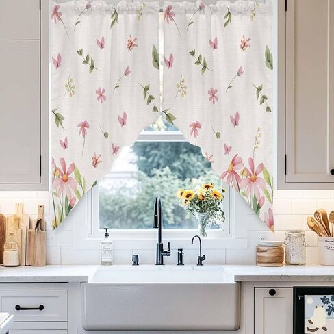 Pink Spring Floral Swag Curtains Valance For Kitchen Windows, Pastoral Flowers Farmhouse Rustic Wide Rod Pocket Curtain Drapes, Bathroom Cafe Living Room Light Filtering Drapery Panels, 72"W x 63"H in Saudi Arabia