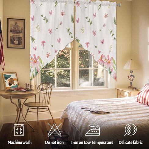 Pink Spring Floral Swag Curtains Valance For Kitchen Windows, Pastoral Flowers Farmhouse Rustic Wide Rod Pocket Curtain Drapes, Bathroom Cafe Living Room Light Filtering Drapery Panels, 72"W x 63"H in Saudi Arabia