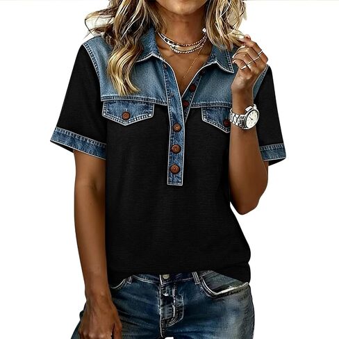 Denim Collar Tops for Women Short Sleeve Shirts V Neck Casual Patchwork Western Tees in Saudi Arabia