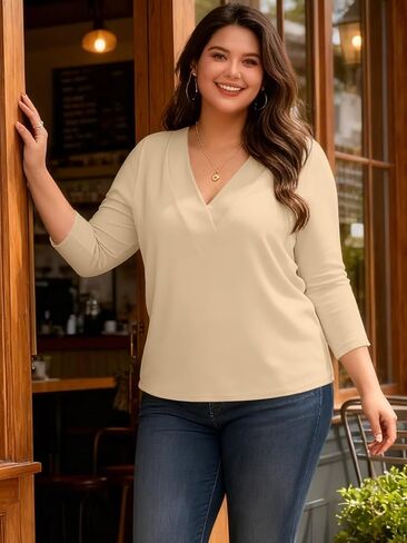 Bliwov Women’s 3/4 Sleeve V Neck Tops Loose Fit T Shirts Casual Work Blouses 2026 Spring Soft Basic Tees Summer Outfits Apricot in Saudi Arabia