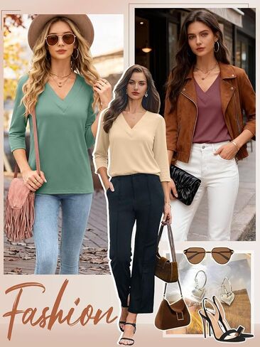 Bliwov Women’s 3/4 Sleeve V Neck Tops Loose Fit T Shirts Casual Work Blouses 2026 Spring Soft Basic Tees Summer Outfits Apricot in Saudi Arabia