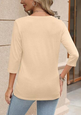 Bliwov Women’s 3/4 Sleeve V Neck Tops Loose Fit T Shirts Casual Work Blouses 2026 Spring Soft Basic Tees Summer Outfits Apricot in Saudi Arabia