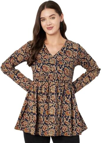 Women's Cotton Printed A-Line Tunic Top | Full Sleeve V-Neck Kurti Style Top for Casual in Saudi Arabia