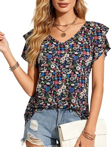 VahRuta Womens Summer Boho Clothes Flowy Tops Floral Shirts V Neck Loose Fit Casual Short Sleeve in Kuwait