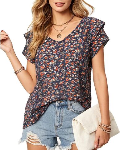 VahRuta Womens Summer Boho Clothes Flowy Tops Floral Shirts V Neck Loose Fit Casual Short Sleeve in Kuwait