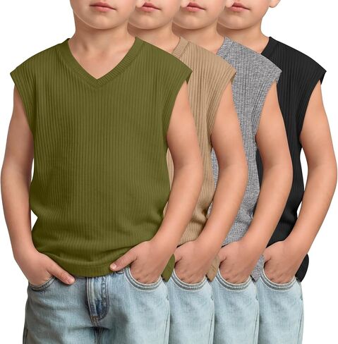 4 Pack Boys' Cap Sleeve Tank Tops Kids' Summer V Neck Sleeveless Tees Casual Ribbed Loose Fit T Shirts 5-14 Years in Kuwait