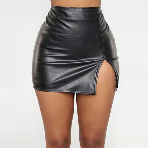 Women's Faux Leather Bodycon Mini Skirt High Waisted Side Slit Hem Stretchy PU Fabric Smooth Surface Solid Color Short Skirt in Kuwait