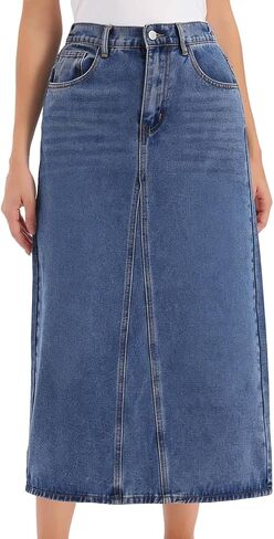 ebossy Women's Vintage Denim Skirt High Waist A Line Back Slit Mid Long Wash Jean Skirt with Pockets in Kuwait