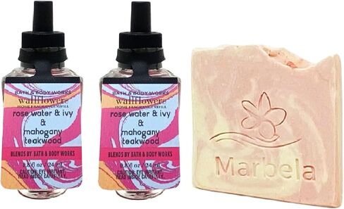 Bath & Body Works Rose Water & Ivy & Mahogany Teakwood 2 Pack Wallflowers Home Fragrance Refill Bundle with a Himalayan Salts Springs Sample Soap in Kuwait