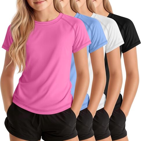 Xaatren 4 قطع من قمصان السباحة للفتيات من Rash Guard للأطفال بعامل حماية من الأشعة فوق البنفسجية 50+، قمصان واقية من الشمس بأكمام قصيرة ورقبة دائرية سريعة الجفاف للحماية من أشعة الشمس فوق البنفسجية in Kuwait