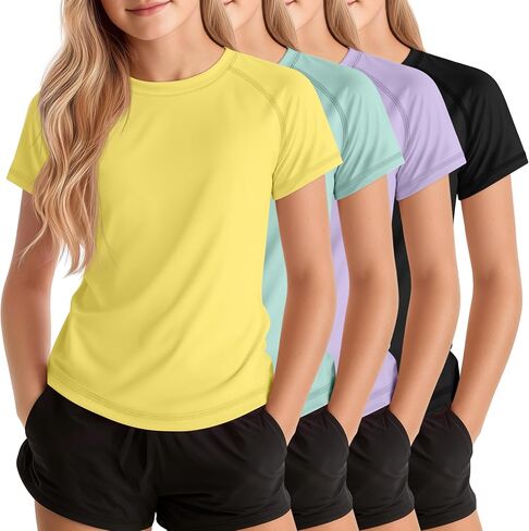 Xaatren 4 قطع من قمصان السباحة للفتيات من Rash Guard للأطفال بعامل حماية من الأشعة فوق البنفسجية 50+، قمصان واقية من الشمس بأكمام قصيرة ورقبة دائرية سريعة الجفاف للحماية من أشعة الشمس فوق البنفسجية in Kuwait