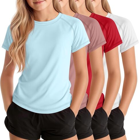 Xaatren 4 قطع من قمصان السباحة للفتيات من Rash Guard للأطفال بعامل حماية من الأشعة فوق البنفسجية 50+، قمصان واقية من الشمس بأكمام قصيرة ورقبة دائرية سريعة الجفاف للحماية من أشعة الشمس فوق البنفسجية in Kuwait