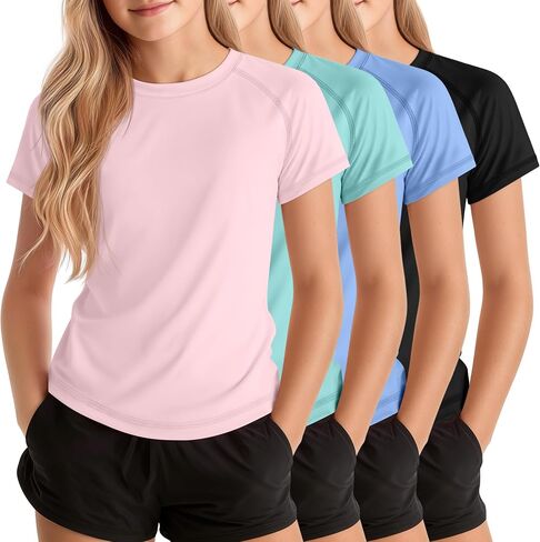 Xaatren 4 قطع من قمصان السباحة للفتيات من Rash Guard للأطفال بعامل حماية من الأشعة فوق البنفسجية 50+، قمصان واقية من الشمس بأكمام قصيرة ورقبة دائرية سريعة الجفاف للحماية من أشعة الشمس فوق البنفسجية in Kuwait
