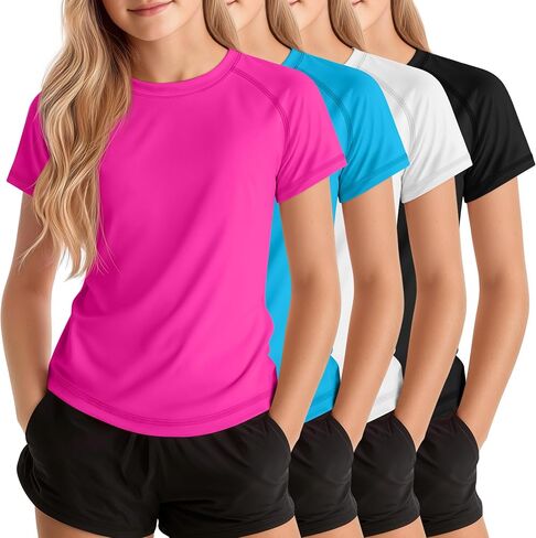 Xaatren 4 قطع من قمصان السباحة للفتيات من Rash Guard للأطفال بعامل حماية من الأشعة فوق البنفسجية 50+، قمصان واقية من الشمس بأكمام قصيرة ورقبة دائرية سريعة الجفاف للحماية من أشعة الشمس فوق البنفسجية in Kuwait