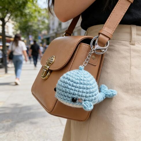 Handmade Crochet Whale Keychain, Light Blue Cartoon Character Doll Pendant, Woolen Fabric, 2.0 x 5.7 Inches, Lobster Clasp in Saudi Arabia