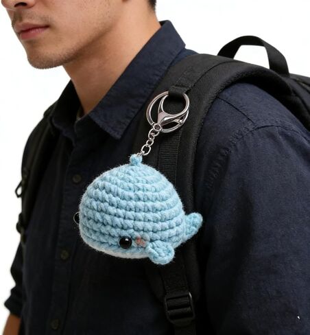 Handmade Crochet Whale Keychain, Light Blue Cartoon Character Doll Pendant, Woolen Fabric, 2.0 x 5.7 Inches, Lobster Clasp in Saudi Arabia
