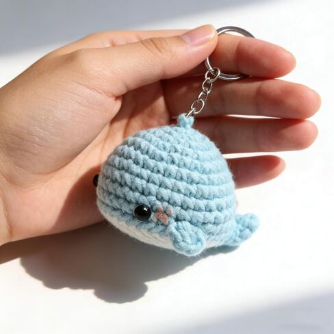 Handmade Crochet Whale Keychain, Light Blue Cartoon Character Doll Pendant, Woolen Fabric, 2.0 x 5.7 Inches, Lobster Clasp in Saudi Arabia