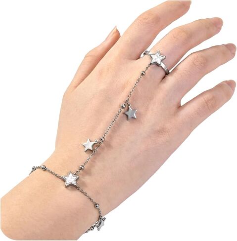 Silver Adjustable Star Hand Chain Bracelet and Open Ring for Women, Star Chain and Finger Rings, Exquisite Fashion Jewelry Gift for Her in Saudi Arabia