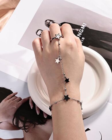 Silver Adjustable Star Hand Chain Bracelet and Open Ring for Women, Star Chain and Finger Rings, Exquisite Fashion Jewelry Gift for Her in Saudi Arabia