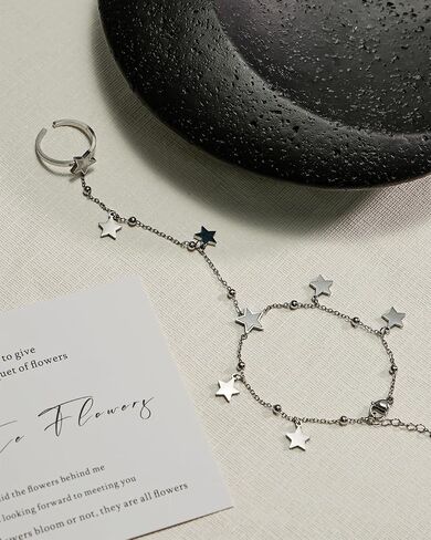 Silver Adjustable Star Hand Chain Bracelet and Open Ring for Women, Star Chain and Finger Rings, Exquisite Fashion Jewelry Gift for Her in Saudi Arabia