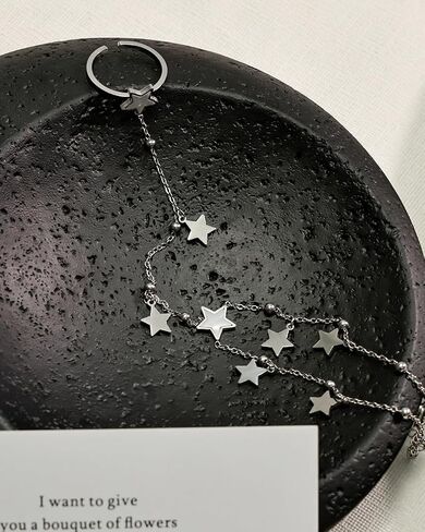 Silver Adjustable Star Hand Chain Bracelet and Open Ring for Women, Star Chain and Finger Rings, Exquisite Fashion Jewelry Gift for Her in Saudi Arabia
