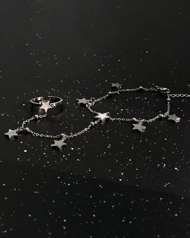 Silver Adjustable Star Hand Chain Bracelet and Open Ring for Women, Star Chain and Finger Rings, Exquisite Fashion Jewelry Gift for Her in Saudi Arabia
