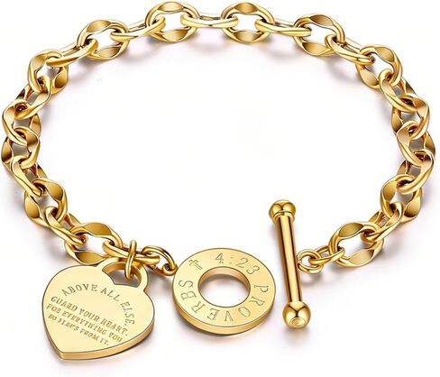 Heart Charm Bracelet for Women 14K Gold/Silver/Rose Gold Tone Stainless Steel Bible Verse Engraved OT Clasp Link Bracelets in Saudi Arabia