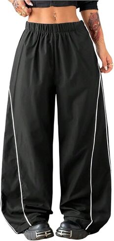 GORGLITTER Women's Baggy Track Pants Striped Wide Leg Loose Summer Lightweight Elastic Waist Parachute Trousers in Kuwait