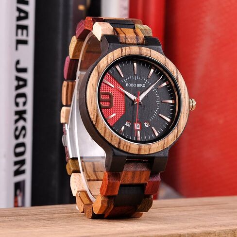BOBO BIRD Men's Colorful Wooden Watches Analog Quartz Date Display Wood Watch Handmade Luxury Casual Wristwatch with Gifts Box for Men in Kuwait
