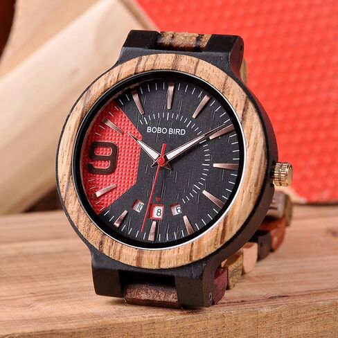 BOBO BIRD Men's Colorful Wooden Watches Analog Quartz Date Display Wood Watch Handmade Luxury Casual Wristwatch with Gifts Box for Men in Kuwait
