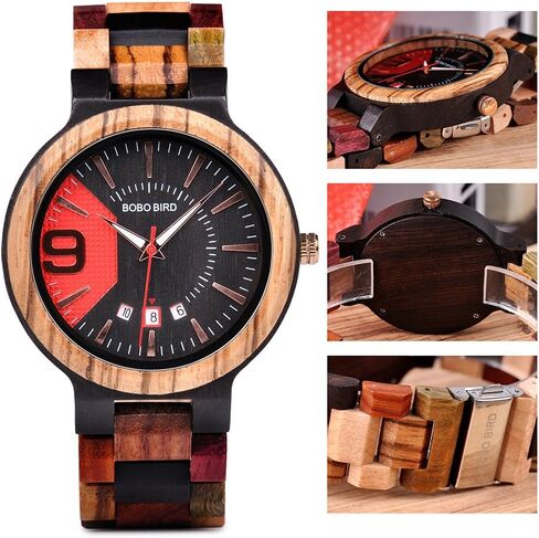 BOBO BIRD Men's Colorful Wooden Watches Analog Quartz Date Display Wood Watch Handmade Luxury Casual Wristwatch with Gifts Box for Men in Kuwait