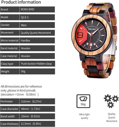BOBO BIRD Men's Colorful Wooden Watches Analog Quartz Date Display Wood Watch Handmade Luxury Casual Wristwatch with Gifts Box for Men in Kuwait