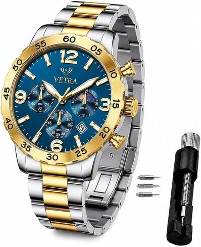 Vetra Men Watch Diamond Luxury Business Watches Multifunction Chronograph Waterproof Luminous Blue Stainless Steel Wrist Watches in Saudi Arabia