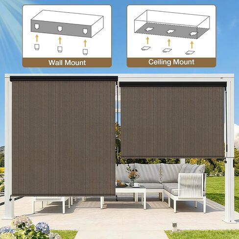 Artpuch Premium 8' W x 8' H Outdoor Roller Shade for Patio, Cordless Roll Up Blinds with Aluminum Valance, Privacy Screen for Porch Pergola Gazebo, 2 Poles & 1 Fabric, Mocha in Saudi Arabia