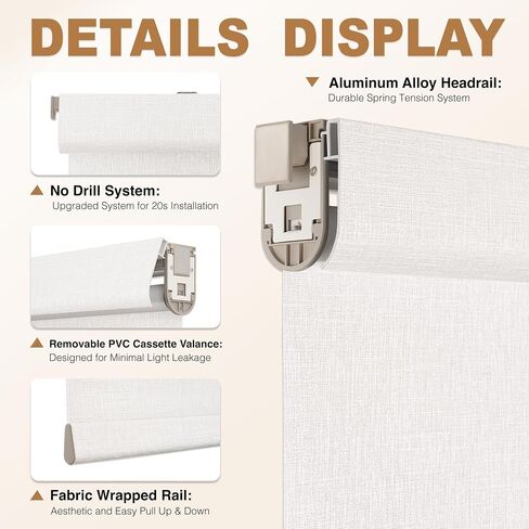 HESTIA No Drill Cordless Blackout Roller Shades for Windows, Heat Insulated Privacy Jacquard Fabric Blinds with Valance for Bedroom and Home Office, White, 22.5" W x 72" H in Saudi Arabia