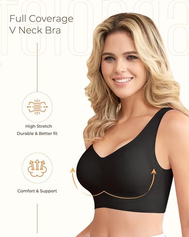 Wireless Bras for Women, Seamless Full Coverage Comfortable Soft V Neck No Underwire Support Push Up Everyday Bra Black in Saudi Arabia