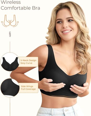 Wireless Bras for Women, Seamless Full Coverage Comfortable Soft V Neck No Underwire Support Push Up Everyday Bra Black in Saudi Arabia